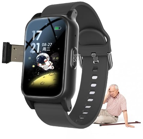 VCYEX Dispositifs D'alerte De Chute pour Personnes Âgées, Bracelet Alarme Personne Agee Montre Connectée avec Vidéo, Voix Et Message SOS, GéorepérageBlack,1.25 * 0.57 * 2.22inch
