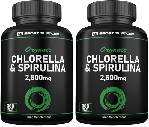 Organic Chlorella and Spirulina - 2500mg - 300 Tablets - Broken Cell Wall - Pure Formula Supplement with No Additives (Pack of 2)