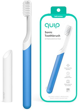 Quip Sonic Toothbrush for Adults - Timed Electric Toothbrush with Cover - Replaceable Brush Head, Soft Bristles, Plastic Handle, 3 Month Battery Life - Travel Toothbrush - Blue