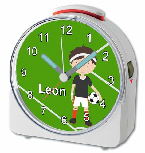 CreaDesign, WU-71-1011, Fußball, analog Kinderwecker weiß, Funkwecker mit Sweep-Uhrwerk und fluoreszierenden Zeiger und Licht, personlisiert mit Namen, 10,2 x 4,6 x 11 cm