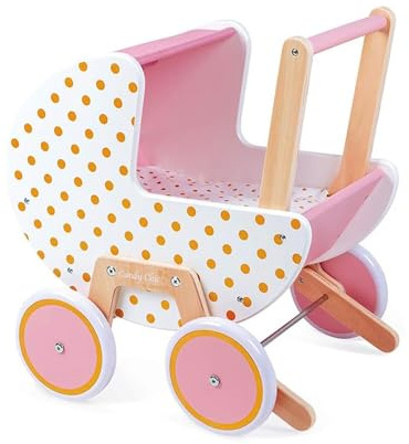 Janod - Holz Puppenwagen ‘Candy Chic’ - Kinderwagen mit Kissen und Decke - Abnehmbares Kippschutz System - Leise Gummiräder- Mit Babyzubehör - Ab 18 Monaten, J05886