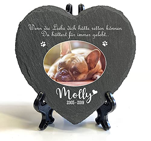 TULLUN Individueller Personalisiert Herzform Tiergrabstein Schiefer Gedenkstein + Ständer für Hund, Katze und andere Haustiere Tiere - Größe | 10 x 10 cm | - Ovales Foto