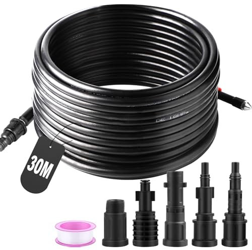 SWAWIS Rohrreinigungsschlauch 30M 180bar 60°C Rohrreinigungsset inkl. 5 Adapter für Kärcher/Lavor/Interpump/Bosch Hochdruckreiniger, Rohrreinigungsschlauch für Hochdruckreiniger