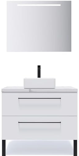 HOMIFAB Meuble de Salle de Bain Suspendu Vasque à Poser 90cm 2 tiroirs Blanc + Miroir - Glasgow