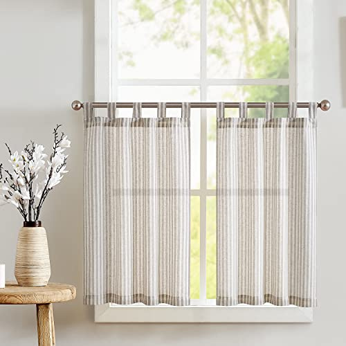 TOPICK 2er Set H 90 x B 65 (cm) Gestreifte Scheibengardinen modern Schulaufen Leinen Gardinen mit Streifen Küchenvorhang Blickdicht Kurz Küchengardinen für Küchen lichtdurchlässig Taupe auf Beige