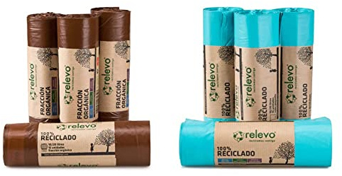 Relevo 100% Reciclado Bolsas de Basura, extra resistentes 10 L, 60 bolsas + 100% Reciclado Bolsas de Basura, extra resistentes 20 L, 60 bolsas