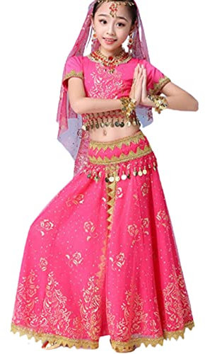 5 stücke Mädchen Bauchtanz Performance Kostüm Kinder Party Indian Dance Kostüme Bollywood Kinder Kleider,Rosa,L