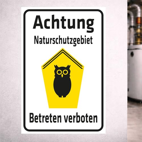 INDIGOS UG - Schild Achtung Naturschutzgebiet - Betreten verboten - Eule auf gelben Grund - 200x150 mm - 3mm Aluverbund Schilder für Hotel, Firma, Schutz, Kita, Arzt, Praxis - Hinweisschild