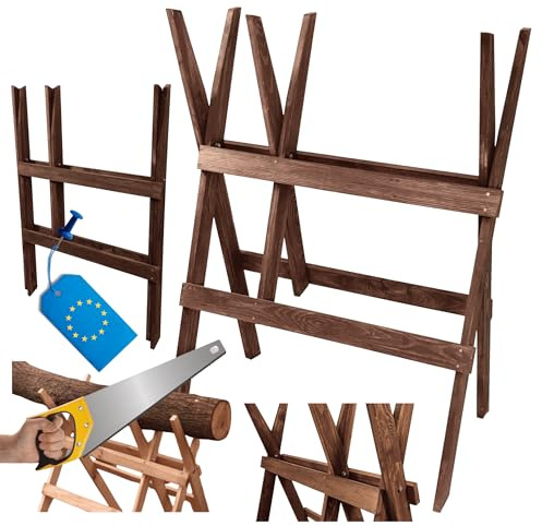 MODO24 Sägebock klappbar aus Holz, Holzbock zum Holzsägen, Stabiler Klappbock für Kaminholz, Balken & Äste, Sägehilfe aus FSC® Massivholz, Holzgestell zum Brennholz Schneiden, Farbe: Braun imprägniert