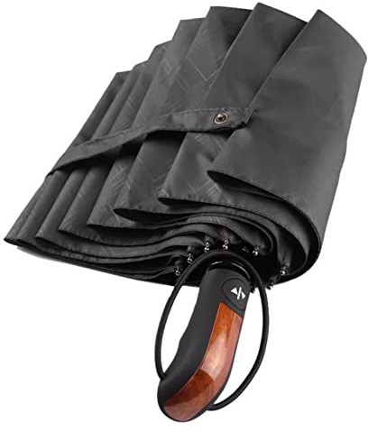 SERUMY Mini Mubrella hopfällbart automatiskt paraply regn kvinnor paraply trähandtag män vindtätt kompakt reseparaply man auto öppna/stänga parasoll – svart med mönster