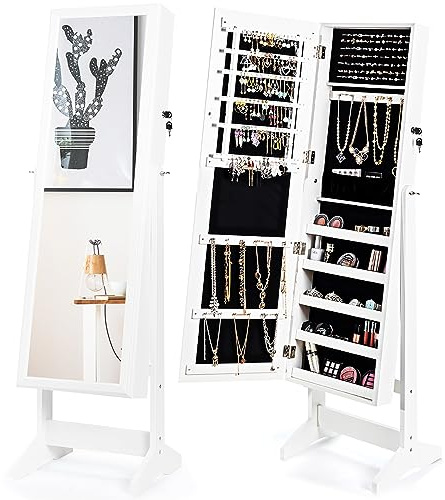 COSTWAY Smyckeskåp med helkroppsspegel, fristående smyckesställ, med 108 örhängesfack, 18 halsbandskrokar, 98 ringfack, 5 makeup-fack, 2-i-1 smyckesbyrå (vit)