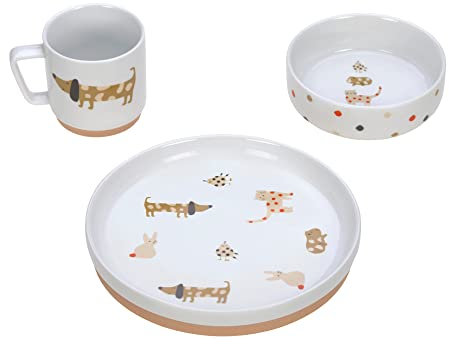 LÄSSIG juego de vajilla de porcelana para niños, plato, cuenco, taza con anillo de silicona, vajilla infantil antideslizante/Little Mateys spicy orange