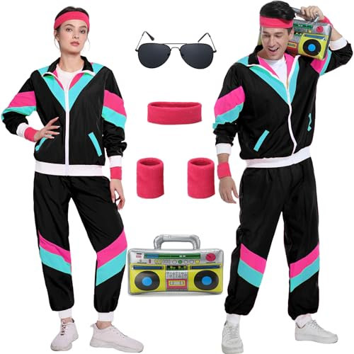 80er Jahre Kostüm Trainingsanzug Pop Art für Retro Stil Bad Geschmack Party Assi Anzug Proll Anzug 90er Jahre Outfit Kleidung Accessoires für Damen Herren Jogginganzug Schwarz G045L