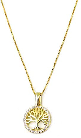 Collana con Medaglia Albero della Vita in Argento Sterling 925 Placcato Oro e Zirconi Bianchi Oro