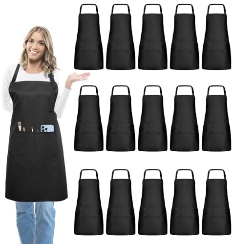 IMERAGO 15 Pcs Adult Aprons Bulk with Pockets Adjustable Bib Chef Apron for Women Men Painting Cooking Crafting (Black, L)