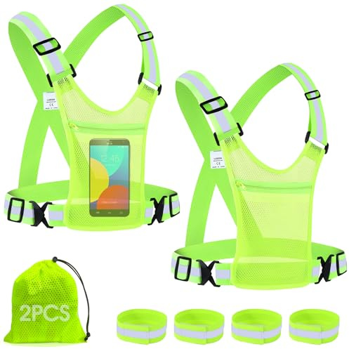 LUZOON 2 Pièces Gilet de Sécurité vélo +4 Pièces Bracelets de Sécurité, Harnais de Reflechissant Réglable Gilet Fluorescent Unisexe pour La Course, Le Vélo, La Moto Mit Poche