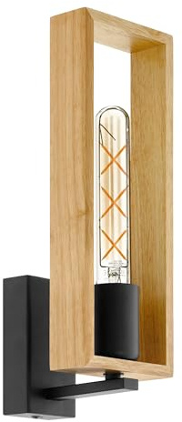 EGLO Wandlampe Littleton, Vintage Wandleuchte im Industrial Design | Retro Lampe aus Stahl und Holz, Farbe Schwarz, braun, Fassung E27, FSC zertifiziert