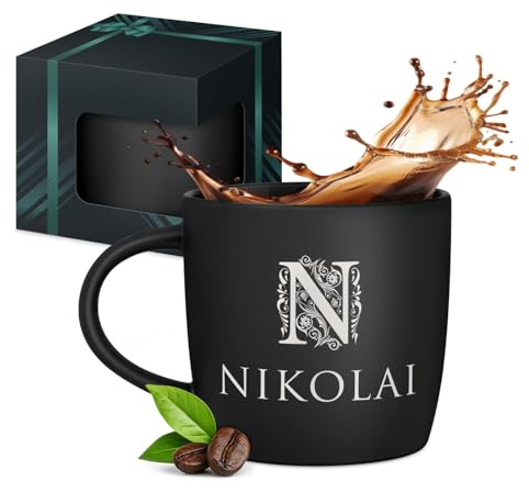 Maverton Keramik Kaffeetasse 400ml mit Gravur - personalisierter Kaffeebecher aus Matt Keramik mit Henkel - Trinkbecher für Männer zum Geburtstag zu Weihnachten - matt schwarz - Innen schwarz - Name
