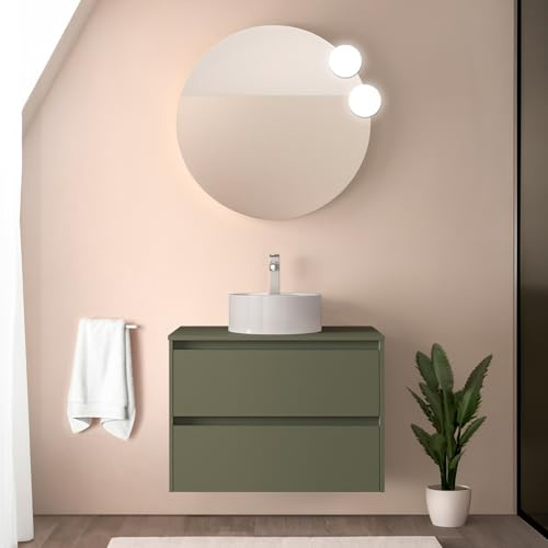 Inbagno Mobile bagno sospeso 80 cm verde satinato con top per lavabo e specchio tondo 70 cm, 2 cassetti con chiusura soft-close, GAYA