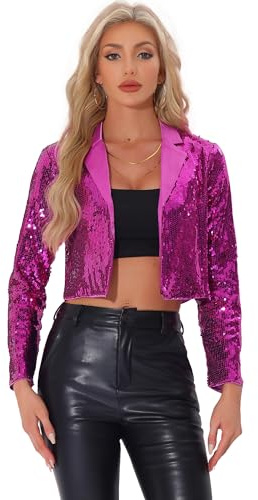 Allegra K Veste à Paillettes pour Femme Col à Revers Ouvert sur Le Devant Blazer Scintillant Cardigan à Sequin Tenu de Fête Rose Vif S