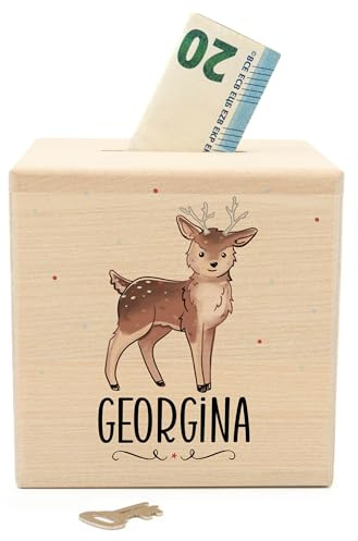 Muckelmeister Spardose Kinder Personalisiert mit Namen aus Holz - REH | 10x10x10cm, Spardose mit Schloss und Schlüssel, Nikolaus Geschenk Kinder Weihnachten, originelle Geschenke zur Geburt