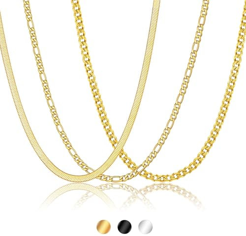 Fehki 3 PCS Chain Necklace for Men,Stainless Steel Gold Black Silver Cuban Link/Figaro/Herringbone Chains Set Jewelry Gifts, 16/18/20/22/24 Inches (Type A-Gold, 50cm(20inch))