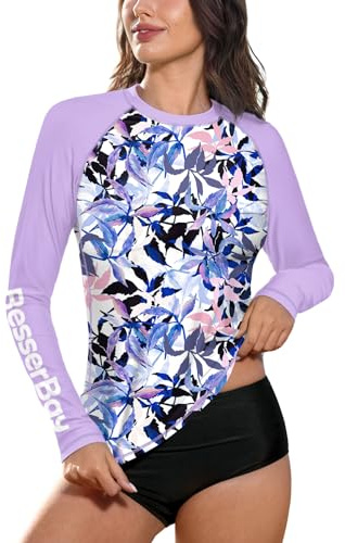 BesserBay Damen Oberteil Badeshirt UV Shirt Langarm Rundhals Lila Blätter UPF 50+ Sonnenschutz Rash Guard M
