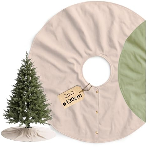 Livlig53 Weihnachtsbaum Decke ø120cm, Weihnachtsbaumdecke rund aus 100% Baumwolle, 2in1 Design - wendbare Tannenbaum Decke, Weihnachtsbaumrock, Weihnachtsbaum Decke Beige I Grün mit Goldsaum | Schöne Weihnachtsbaumdecke rund aus 100% Baumwolle. Wendbarer Weihnachtsbaumrock im 2in1 Design mit elegantem Saum