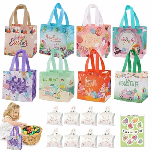 8 x Ostereiersuche-Taschen mit Griffen Ostertasche Geschenktüten – 8 Geschenktüten mit 8 Unikatmotiven, 8 Kissenboxen & 1 Blumen-Eier-Aufkleber – Großes Befüllbares Ostertasche