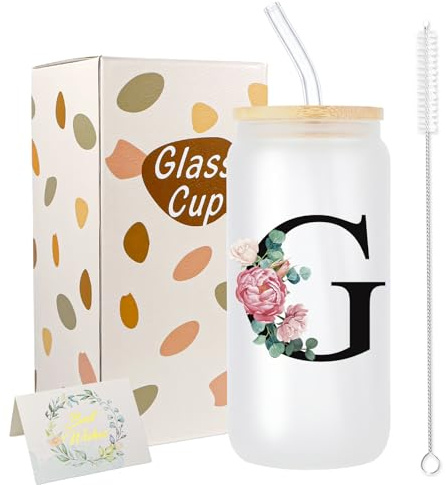 JEKUGOT A-Z Initial Personalised Birthday Gifts for Women, 16oz Iced Coffee Glass Cups with Lids and Straws, Glass Coffee Cup Gift Set for Mothers, Friends, Women, Men, Iced Coffees Cup Gift (G)
