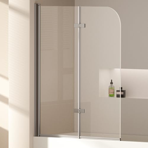 EMKE Pare-Baignoire Pliant 2 Volets 110x140cm Verre Sécurit 6mm | Verre anticalcaire pour baignoire familiale. Paroi réversible et pivotante, nettoyage facile.