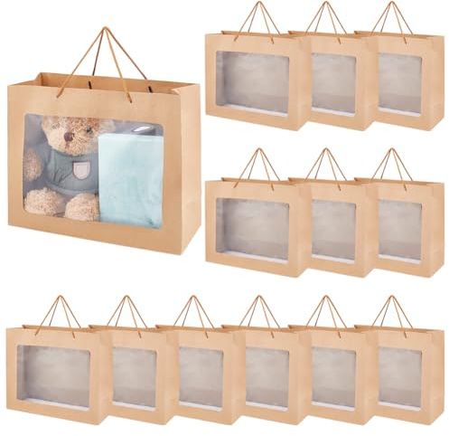 BENECREAT 16 Stück Geschenktüten mit transparentem Fenster, 31.4x25.8x11.75cm Einkaufstüten aus Kraftpapier mit Griff für Geburtstagshochzeitsfeiern und Floristenverpackungen