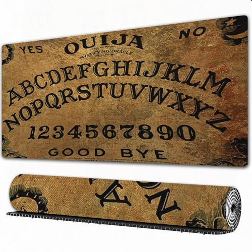 FEHWI Grand Tapis de Souris de Jeu avec Bords surpiqués et Dos antidérapant,sous-Main pour Clavier et Souris,Planchette de Ouija sur Texture Bois. Affiche avec Jeu de fantômes. Jeu d'Hallowe,90×40 cm