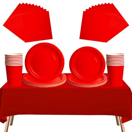 Juego de vajilla desechable de 69 piezas, 20 servilletas, 16 tazas, 16 platos de 7 y 9 pulgadas, 1 mantel rojo, vajilla biodegradable para cumpleaños, bodas, fiestas de Navidad para niños y adultos