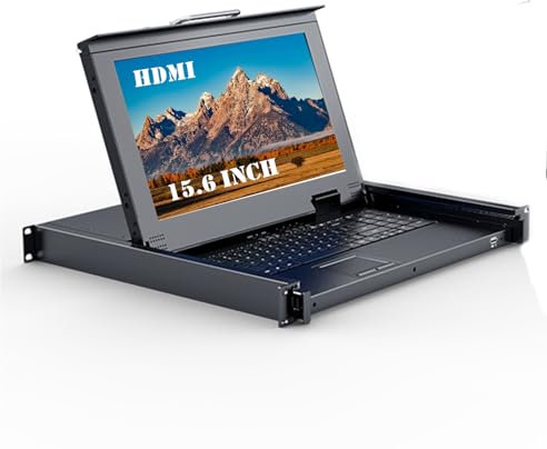MT-VIKI KVM-HDMI-Switch mit 8 Anschlüssen, 39,6 cm (15,6 Zoll) LCD-Monitor, passend für 1U 48,3 cm (19 Zoll) Rack, 600–800 mm tiefer Serverschrank mit Tastatur-Touchpad-Schublade + 8 HDMI-KVM-Kabel