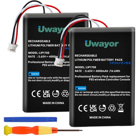 Uwayor Confezione da 2 batterie da 4000 mAh per controller PS5, LIP1708 di ricambio per Sony PlayStation 5 DualSense CFI-ZCT1W Wireless Control