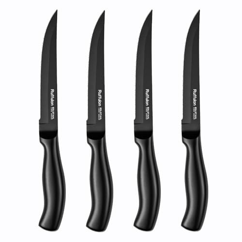 Ruffulon Steak Knife,4 PCS,Serrated,Stainless Steel,Ergonomic Handle,Black | Ultra Sharp Multipurpose Kitchen/Dinner Knife,High-Carbon Blade for Precision Cut,Rust-Proof,Durable,Nonstick,Dishwasher Safe