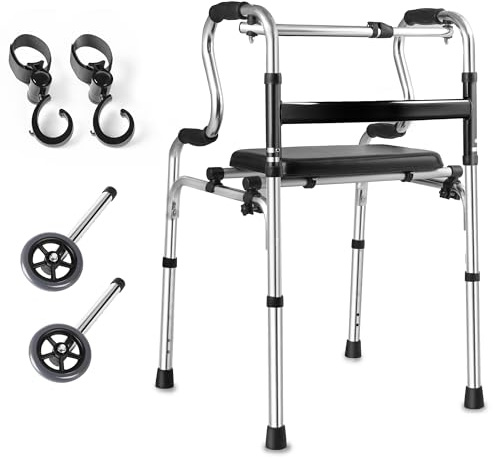 NIdreamCE Déambulateur Pliable, Déambulateur Rollator Pliable Léger,Cadres de Marche pour Personne Âgée aide,Cadre de Marche Réglable en Hauteur,Antidérapant et Stable，Avec Siège Réglable
