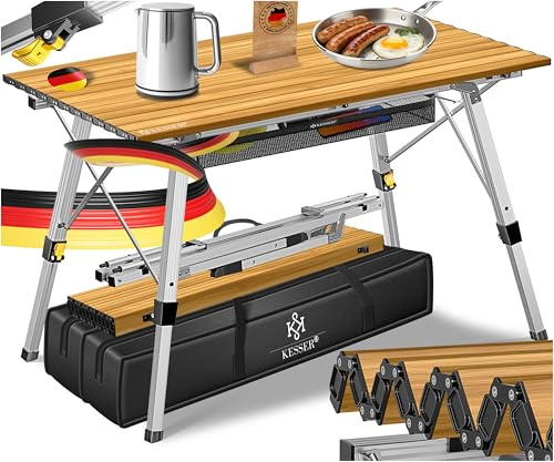 KESSER Tavolo da campeggio pieghevole con telaio in alluminio, tavolo arrotolabile, altezza regolabile 120 x 70 cm, portata massima 100 kg, con borsa per il trasporto con cinghia e borsa a rete