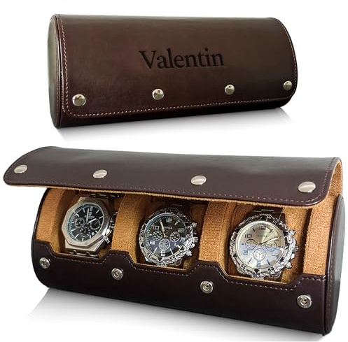 BS Boîte à Montres Homme à 3 Emplacements, Coffret Montres de voyage, Portable, Léger & Résitant, Support Étui Montres en Cuir Végan - Cadeau Homme Personnalisé (MARRON)