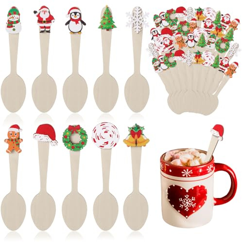 50 PCS Christmas Wooden Spoons Set Hot Cocoa Stirring Spoons Snowflake Gingerbread Man Snowman Candy Cane Spoon for Winter Tasting Bar Supplies Cake Coffee Ice Cream Xmas Flatware, 10 Styles