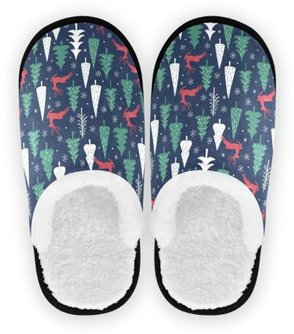 GuoChe Hemskor för män kvinnor luddig fleece halkfri gummisula lätta husskor inomhus utomhus vinter sovrum M, Jul marinblå röd grön vit renträd, Large