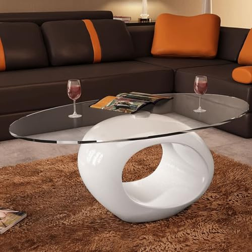 Mengtu Moderne ovale Couchtisch aus Hochglanz-Weiß Fiberglas mit Sicherheitsglasplatte - 115x65x40 cm Couchtisch, Beistelltisch, Sofatisch 240318