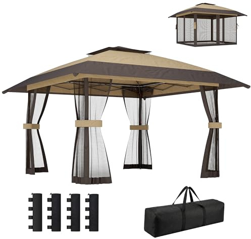 Outsunny Carpa Plegable 4x4 m, Pop-up, con Doble Techo, 4 Paredes Laterales de Malla, Cenador de Jardín con Altura Ajustable 3 Niveles, Bolsa de Transporte, UPF30+, Gazebo para Camping, Fiestas, Caqui