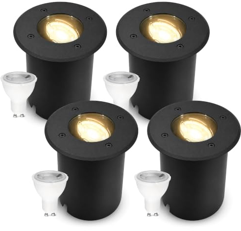 SSC-LUXon JUAVI Bodenstrahler 4er Set schwarz rund IP67 GU10 2W warmweiß | Vier befahrbare Bodenstrahler bis 2000kg schwarz - schwenkbar, warmweiß, für Wege, Beete & Terrasse, IP67, inkl. LED