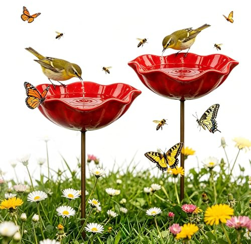 Vogeltränke Winterfest,Gartenstecker aus Metall,Vogeltränke Blume Bienentränke,Vogelfutterhaus Gartenfiguren & Gartenstatuen Gartendeko für Draußen (2 Pcs)