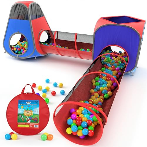 Playz 4pc Pop Up Play Tent and Tunnel Bundle for Toddlers and Kids - Indoor & Outdoor Playhouse with Storage Bag, Red & Blue