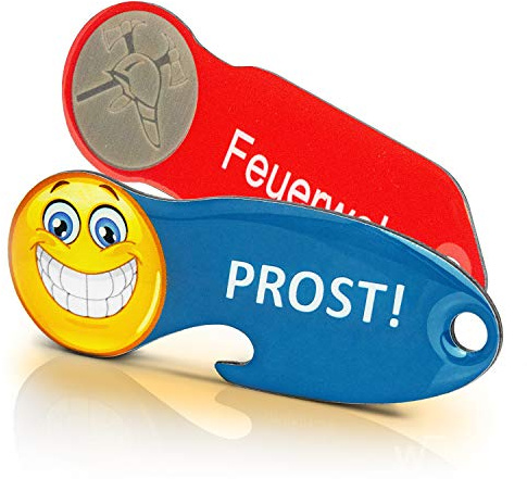 Einkaufswagenlöser ® Feuerwehr & Prost/Schlüsselanhänger Einkaufschip mit Schlüsselfundservice/Abziehbarer Einkaufswagenchip Metall, Chip Einkaufswagen, Key Finder / 2 Stück