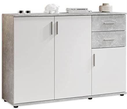 Stella Trading BOBBY Kommode in Beton-Optik, Weiß - Modernes Sideboard mit viel Stauraum für Ihren Wohnbereich - 120 x 82 x 35 cm (B/H/T)