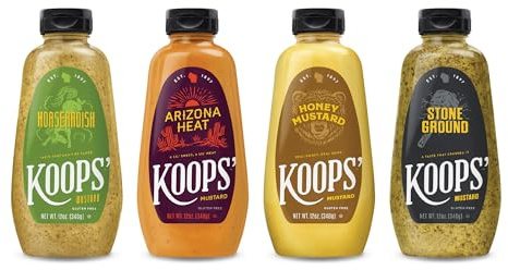 Koops' Fan Favorites Mustard Variety Pack – Horseradish, Arizona Heat, Honey Mustard, & Stone Ground – Gluten-Free, Kosher, Made in USA, From Quality Mustard Seeds – 12 Oz, Pack of 4